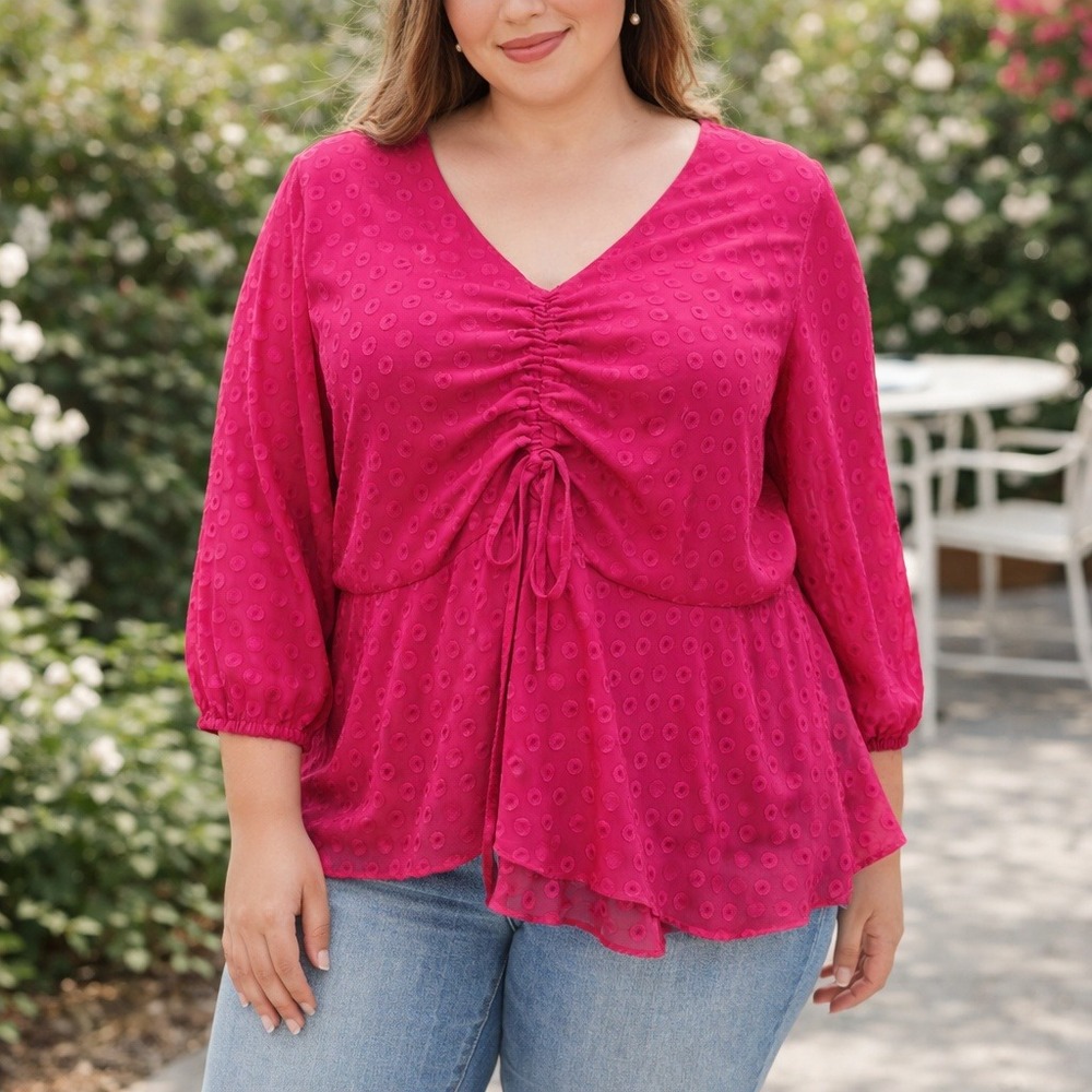 Cato Pink Swiss Dot Peplum Blouse 18/20W Cottagecore Romantic Sheer Boho Top‎